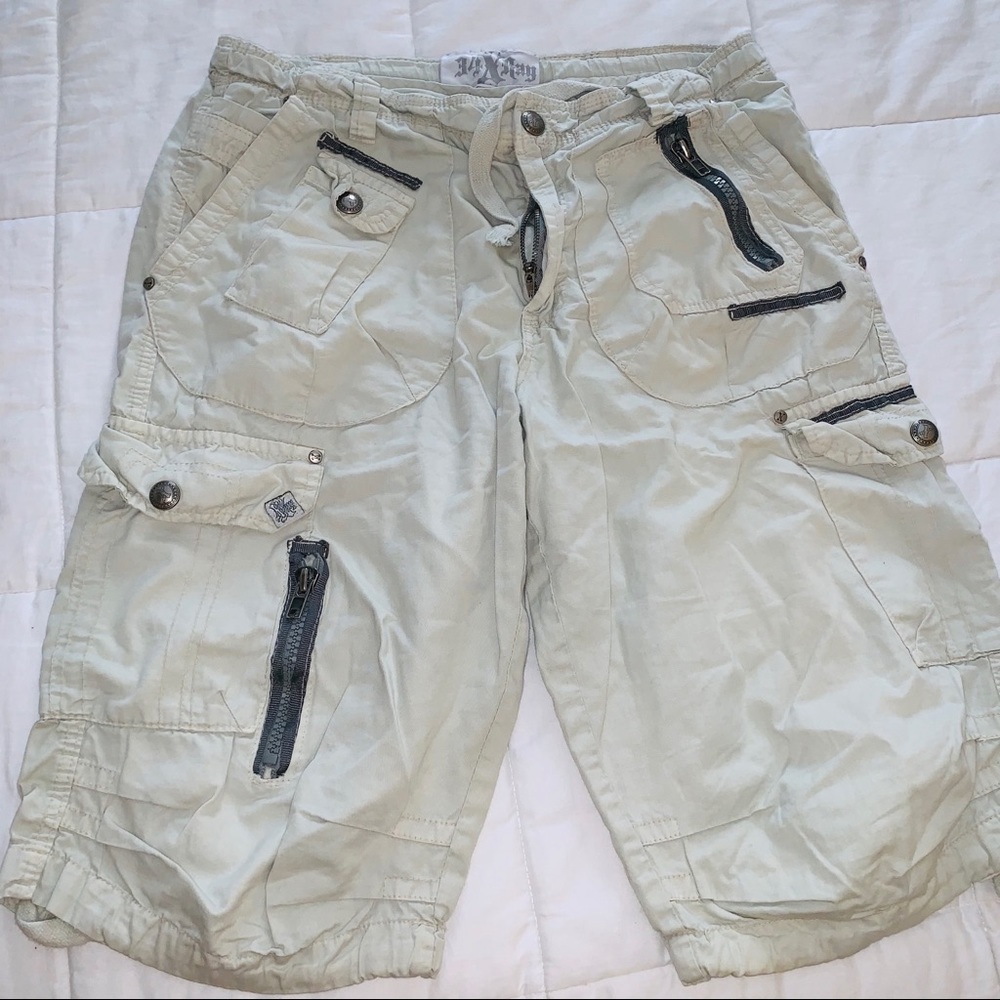 Khaki cargo shorts.
